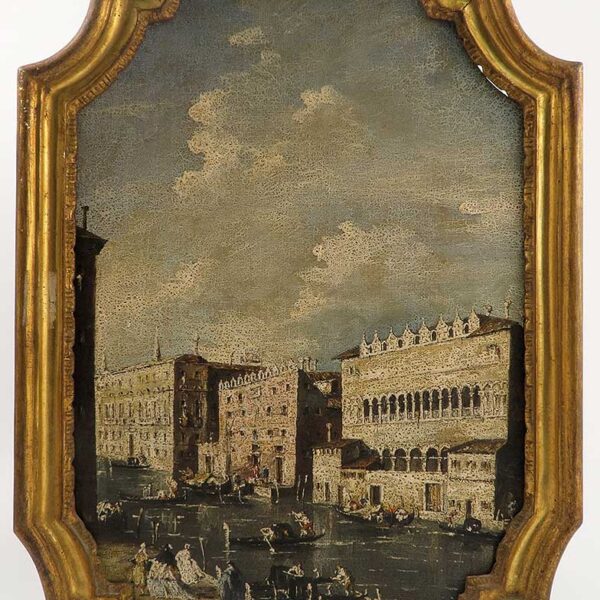 A set of four Continental school, oil on shaped pine boards, views of Venice,