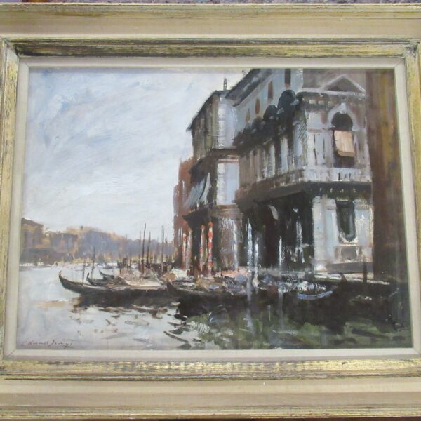 Edward Seago, oil on board, Gondolas near the Accademia Bridge, Venice,